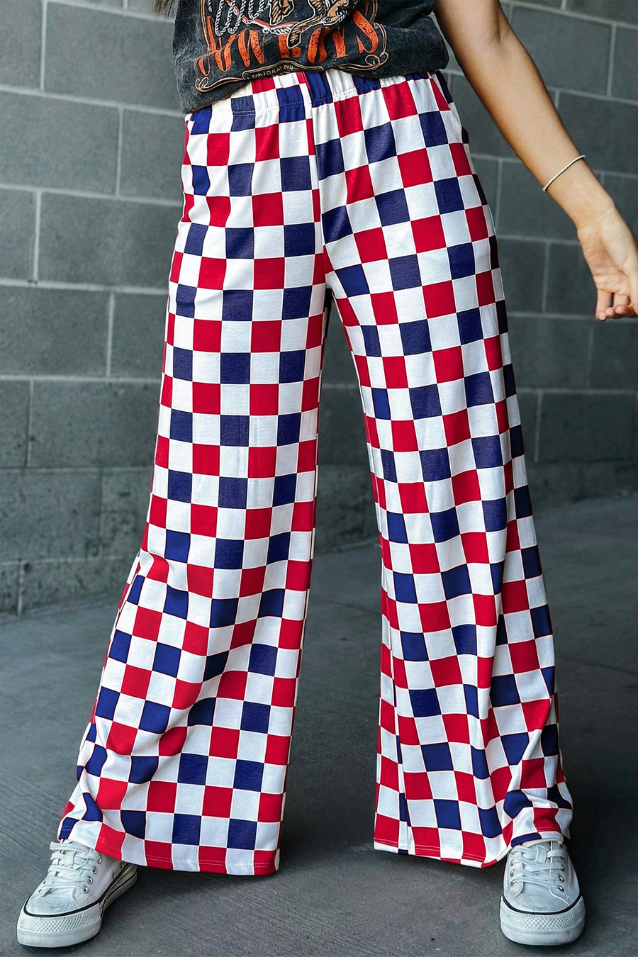 Red and Navy Checkered Print High Waist Wide Leg Pants