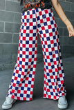 Red and Navy Checkered Print High Waist Wide Leg Pants