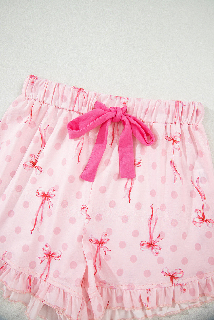 Bow Print Button-Up V-Neck Short Sleeve Top and Ruffle Hem Shorts Pajama Set- 2 Styles