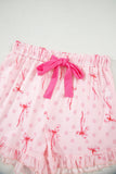 Bow Print Button-Up V-Neck Short Sleeve Top and Ruffle Hem Shorts Pajama Set- 2 Styles
