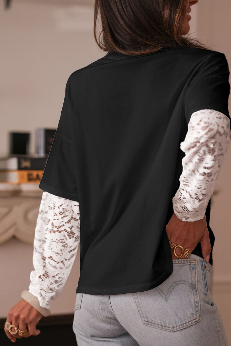 Lace Long Sleeve Drop Shoulder T-Shirt- 2 Colors