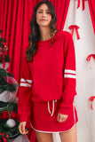 Varsity Striped Drop Shoulder Pullover Sweatshirt & Mini Skort Set- 6 Colors