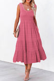 Green Shirred Pleated Square Neck Sleeveless Midi Dress