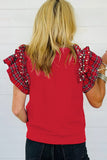 Plus Size Racing Red Plaid Pearl Ruffled Sleeve Knit Holiday Top