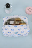 Blue & White Bow Print Quilted Zip-Up Makeup Bag