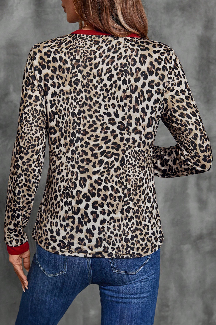 Leopard Print Contrast Trim Crew Neck Long Sleeve Top