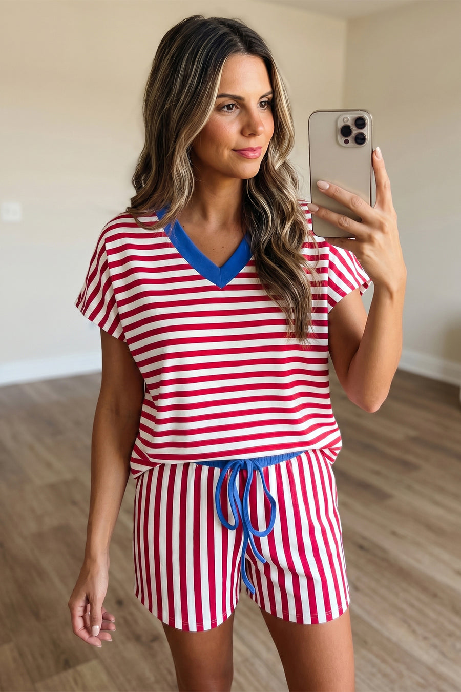 Striped Contrast Trim V-Neck T-Shirt and Drawstring Elastic Waist Shorts Set- 4 Colors