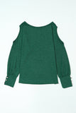 Green Boat Neck Cutout Long Sleeve Blouse with Button Detail Cuffs