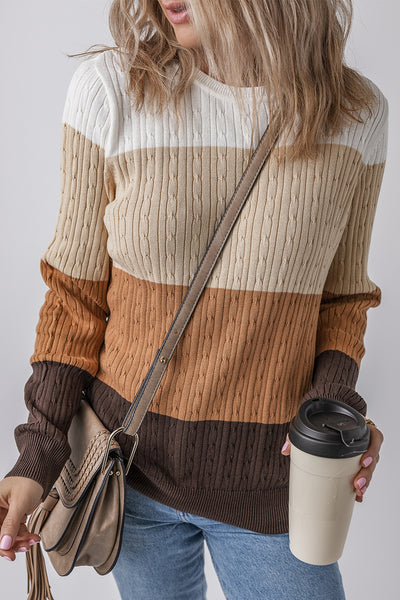 Khaki Colorblock Cable Knit Round Neck Sweater