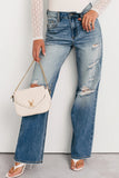 Medium Blue Mid-Rise Distressed Straight Leg Jeans