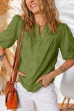 V-Neck Short Sleeve Eyelet Button-Up Blouse- 3 Colors