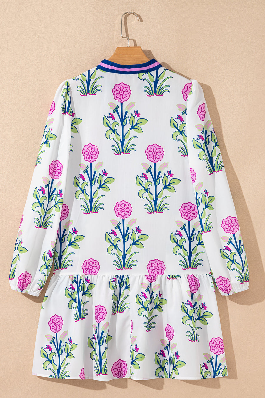 Floral Ruffle Hem Contrast Trim Neckline Mini Dress- 2 Colors
