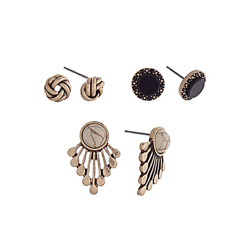 Burnished Gold Tone Earring Trio- Black & Ivory