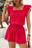Textured Ruffle Blouse and Shirred High-Waist Shorts Set- 5 Colors