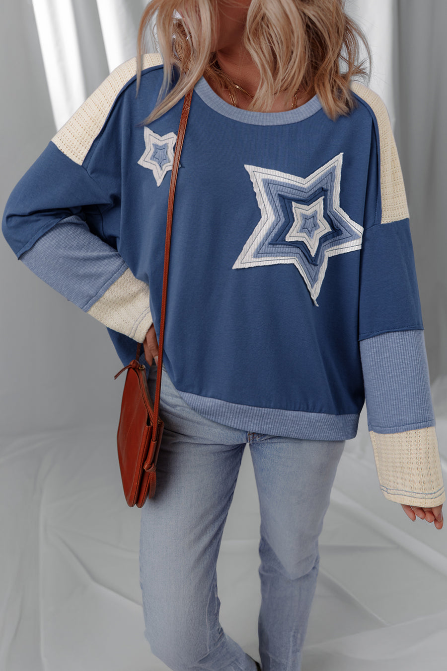Blue & Cream Knit Color Block Patchwork Star Patch Sweatshirt