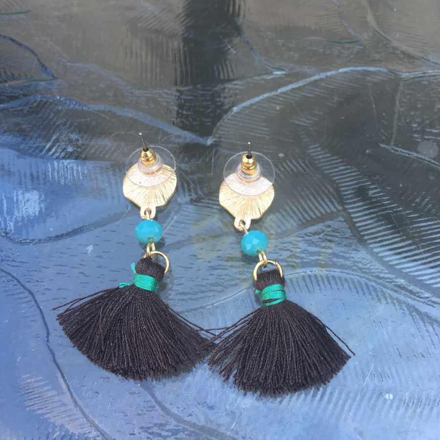 Matte Gold Tone Bead & Tassel Drop Earrings- Brown & Turquoise