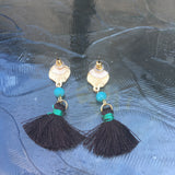 Matte Gold Tone Bead & Tassel Drop Earrings- Brown & Turquoise