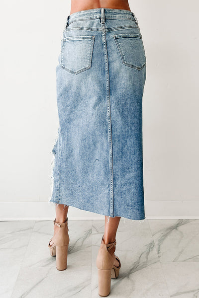 Myosotis Irregular Distressed Hem Denim Midi Skirt
