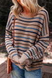 Tan Multi Openwork Striped Knit Drop Shoulder Crew Neck Sweater