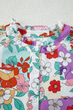 Multicolored Floral Frilly Neckline Long Sleeve Button-Up Blouse