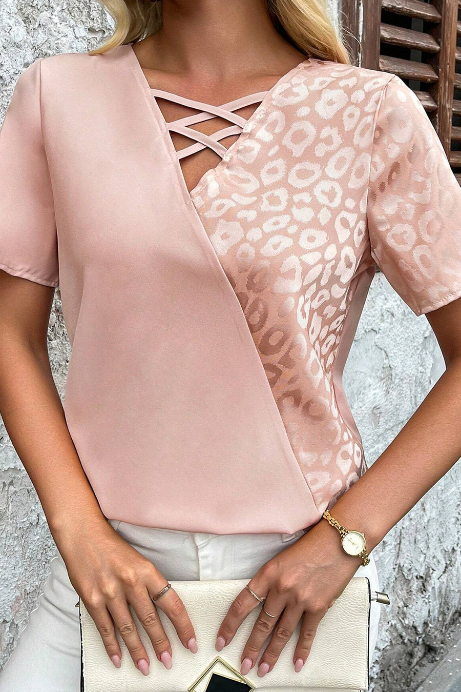 Apricot Leopard Print Criss-Cross V-Neck Blouse