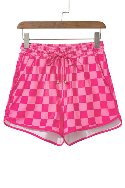Rose Checkered Drawstring Elastic Waist Casual Shorts