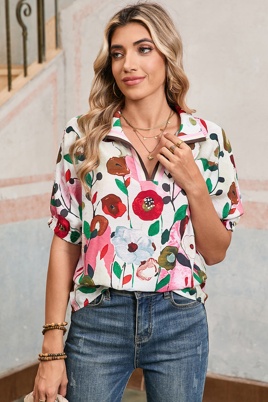 Floral V-Neck Contrast Trim Short Sleeve Blouse- 2 Colors