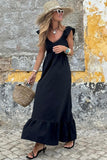 V-Neck Flutter Sleeve Smocked Bodice High Waist Ruffle Maxi Dress with Pockets- 2 Colors