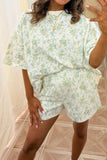 Sky Blue Floral Print Short Sleeve Elastic Waist Pocket Casual Two Piece Short Sets