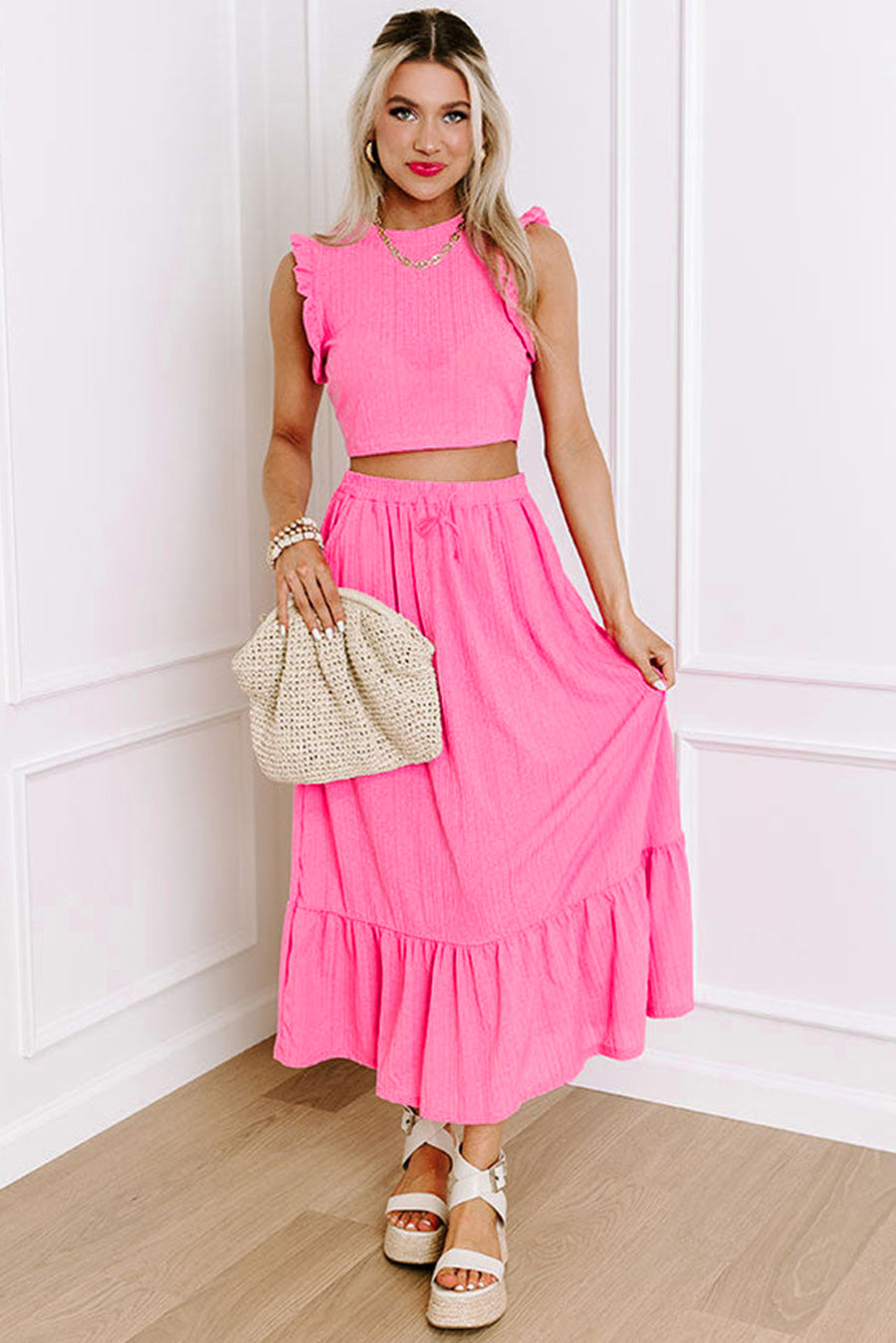 Bright Pink Textured Ruffle Trim Crop Top and Drawstring Skirt Set