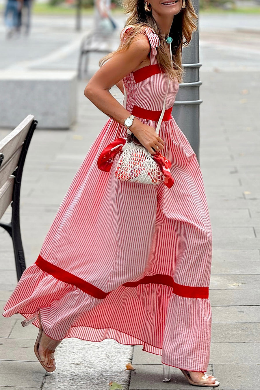Red Striped Tie Straps Contrast Trim High Waist Ruffle Hem Maxi Dress
