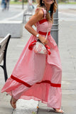 Red Striped Tie Straps Contrast Trim High Waist Ruffle Hem Maxi Dress