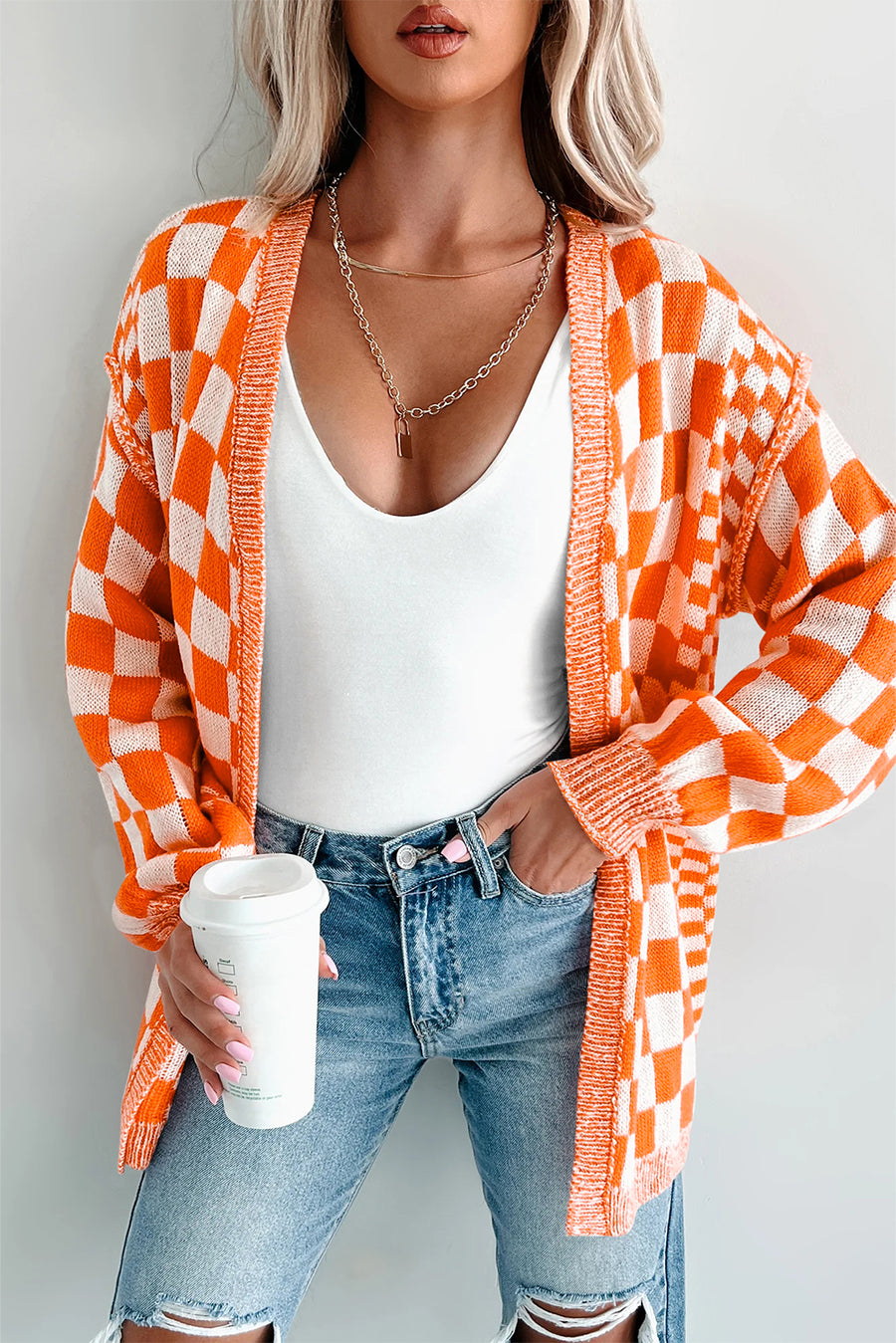 Black Checkered Open Front Drop Shoulder Cardigan