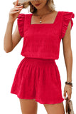 Textured Ruffle Blouse and Shirred High-Waist Shorts Set- 5 Colors