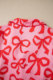 Pink All Over Bow Print Long Sleeve Button-Up Top and Pants Pajama Set