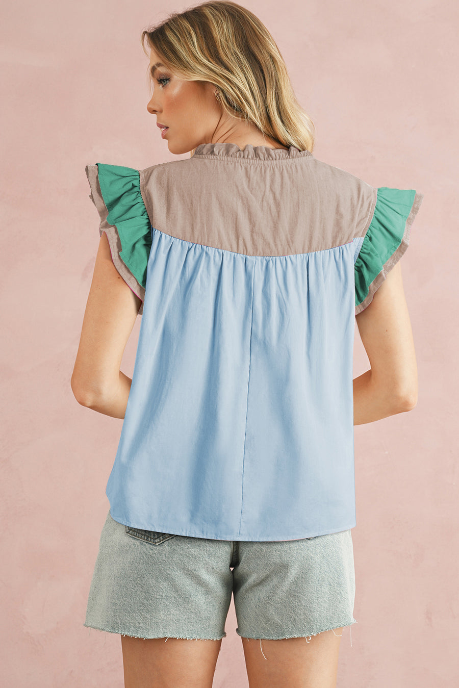 Sky Blue Color Block Ruffled Sleeve Frill V-Neck Short Sleeve Blouse