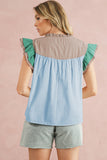 Sky Blue Color Block Ruffled Sleeve Frill V-Neck Short Sleeve Blouse