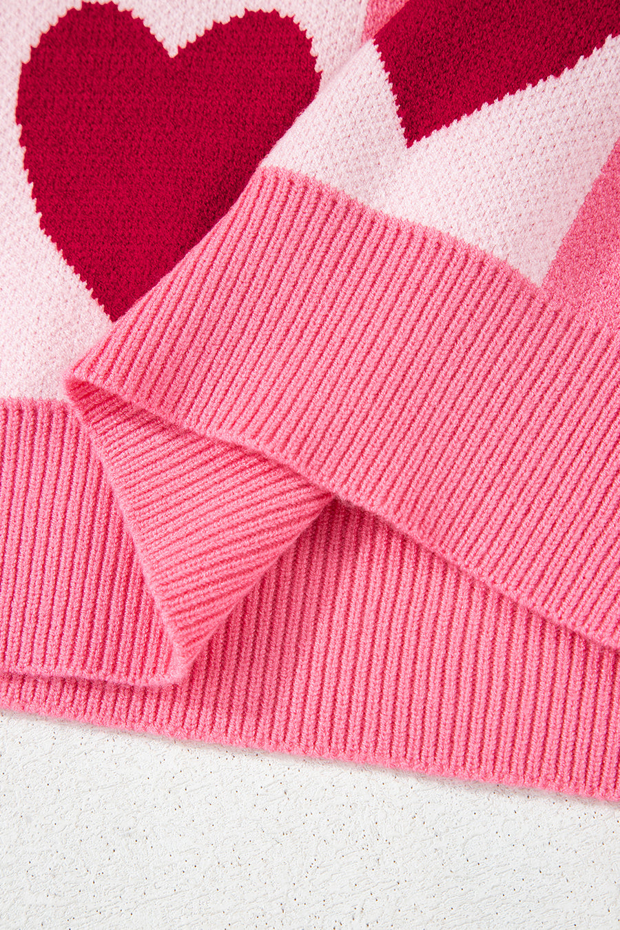 Pink Heart & Checkered Pattern Drop Shoulder Crew Neck Knit Sweater