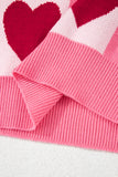Pink Heart & Checkered Pattern Drop Shoulder Crew Neck Knit Sweater