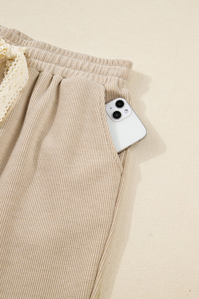 Dark Khaki Drawstring Pullover Hoodie and High Waist Pants Corduroy Suit