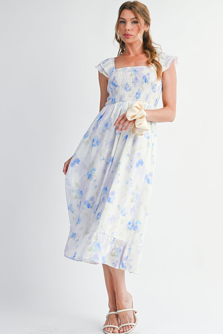 Blue Floral Smocked High Waist Ruffle Sleeveless Midi Dress