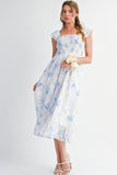 Blue Floral Smocked High Waist Ruffle Sleeveless Midi Dress
