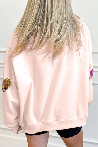 Apricot Pink Sequin Hearts Patchwork Drop Shoulder Mock Neck Sweatshirt