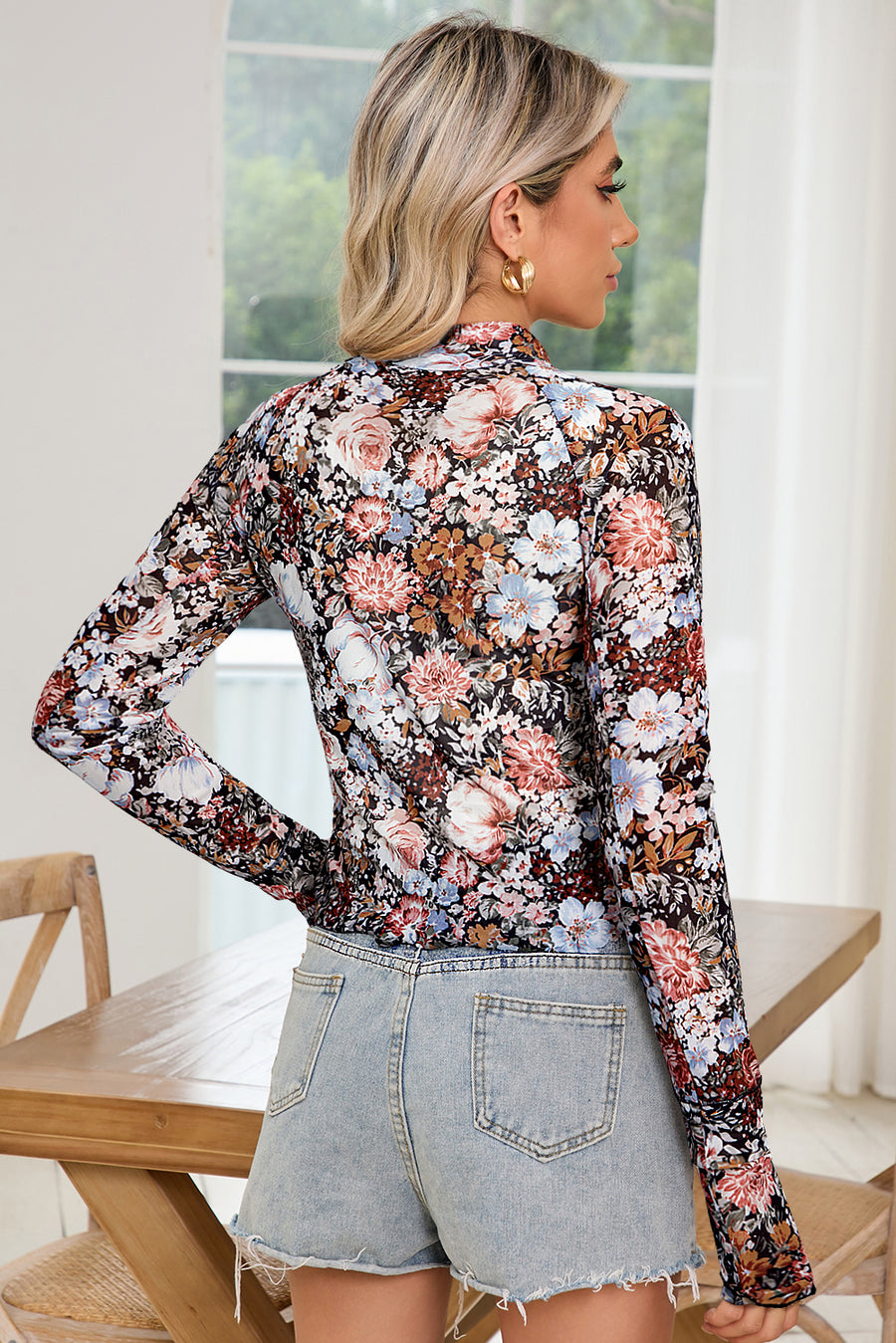 Floral Mock Neck Long Sleeve Mesh Blouse- 2 Colors