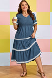 Plus Size Slate Blue V-Neck Swiss Dot Lace Detail Flared Midi Dress with Pockets