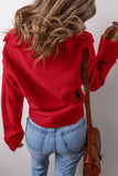 Red Ribbed Edge Sailor Collar V-Neck Loose Fit Sweater