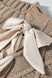 Taupe Satin Ribbon Lace-Up Short Sleeve Cable Knit Sweater