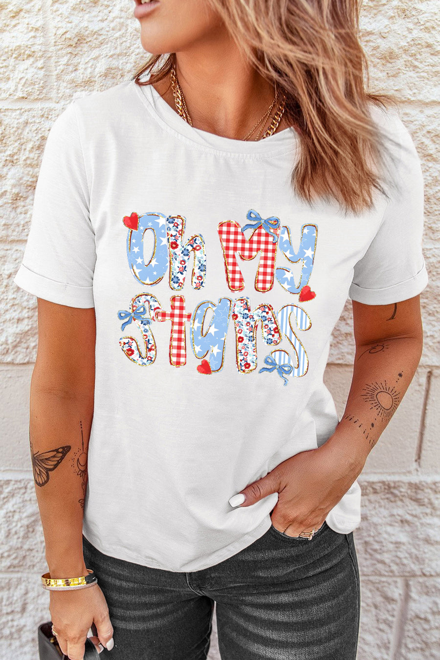 White Oh My Stars Patchwork Print Graphic T-Shirt