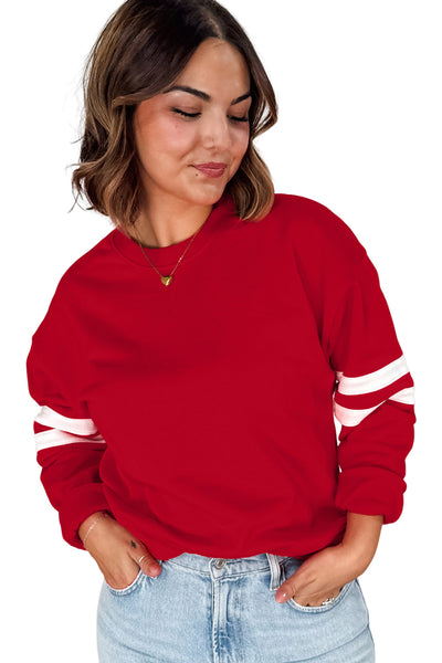 Fiery Red Varsity Striped Detail Plus Size Round Neck Sweatshirt