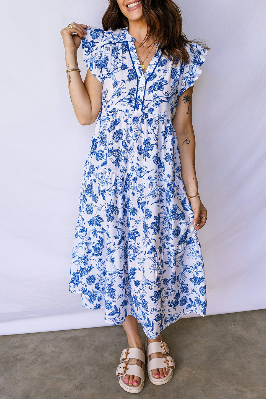 Blue Floral Ruffled Short Sleeve Tiered Midi Dress